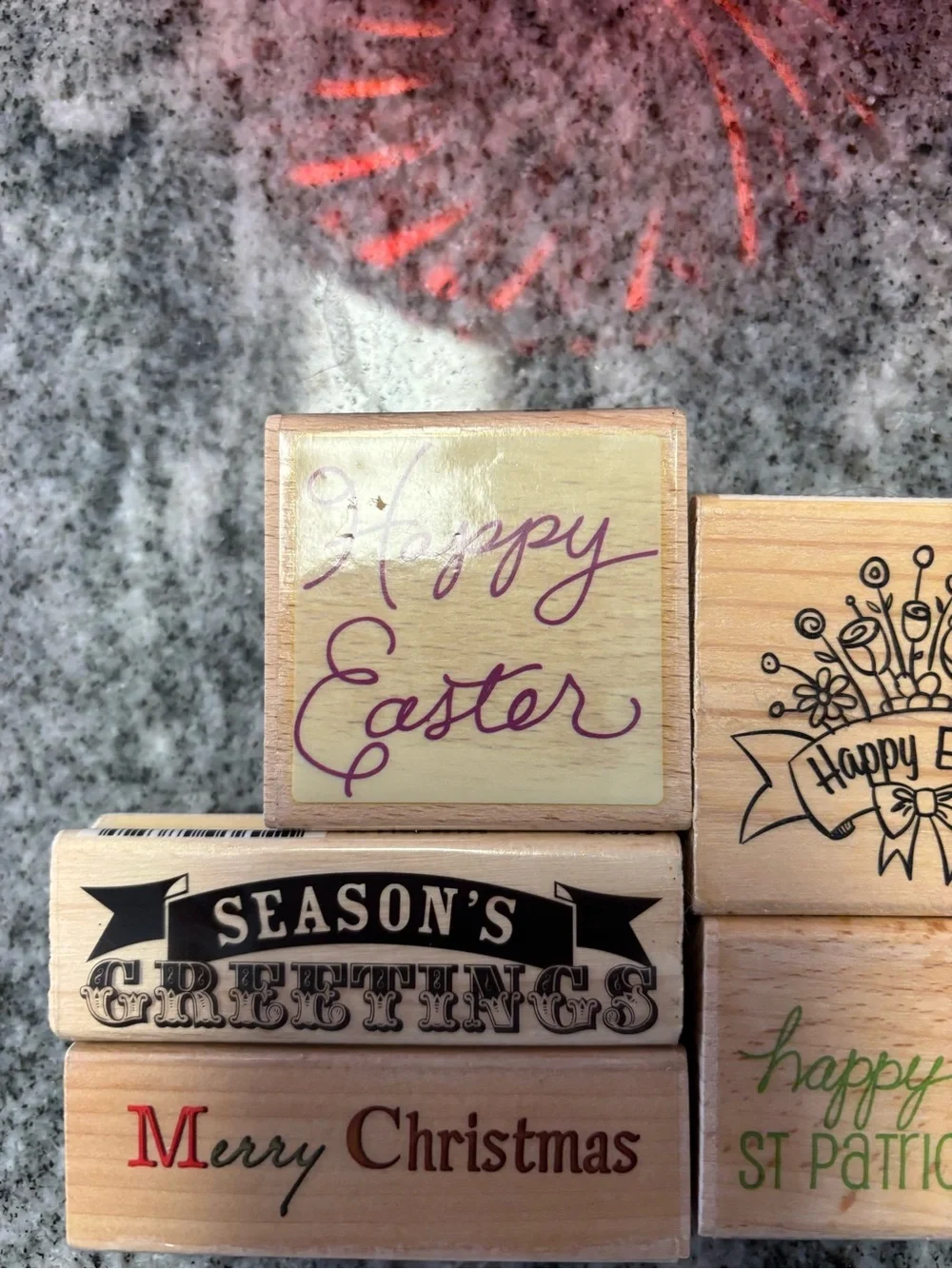 Seasonal Holiday Wood Stamp Set - Natural Wood with Green & Red Accents - Picture 2 of 8